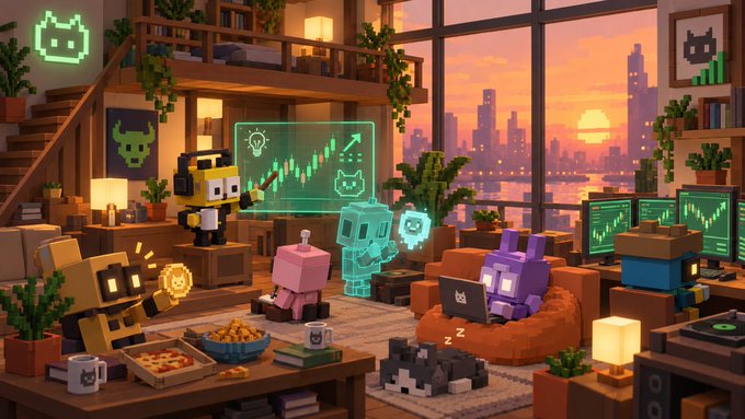 A cozy voxel-style loft at sunset features blocky robot and animal characters engaging with multiple screens displaying rising green trading charts and analytics, reflecting the post's theme of a crypto platform juggling many features (Launchpad, Stock Pair, Vibers, Agent, XP, buybacks) all aimed at the core challenge of user retention.