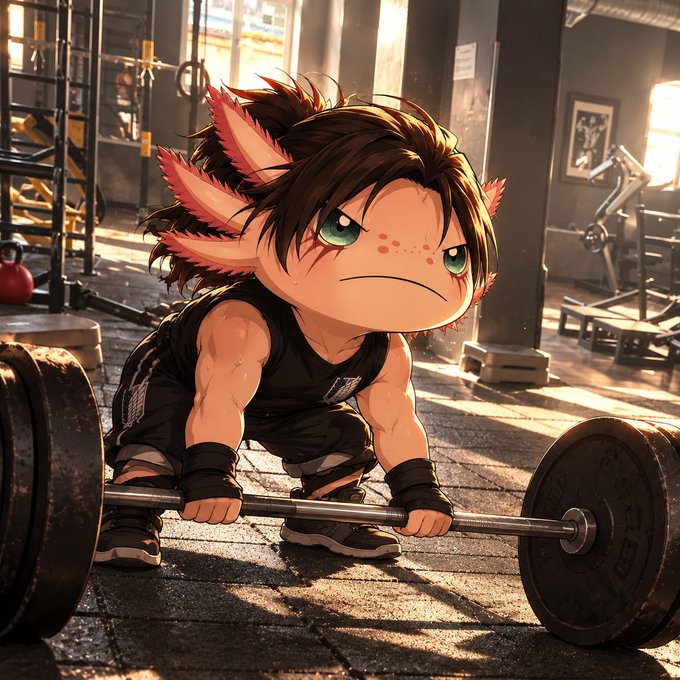 An anime-style depiction of a small, fierce-looking character with wild brown hair preparing to lift a heavy barbell in a gritty, sunlit gym.