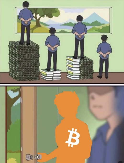 A two-panel cartoon: the top panel shows four men standing on stacks of money/books looking out a window at a landscape, while the bottom panel shows a Bitcoin symbol entering a room where a woman stands.