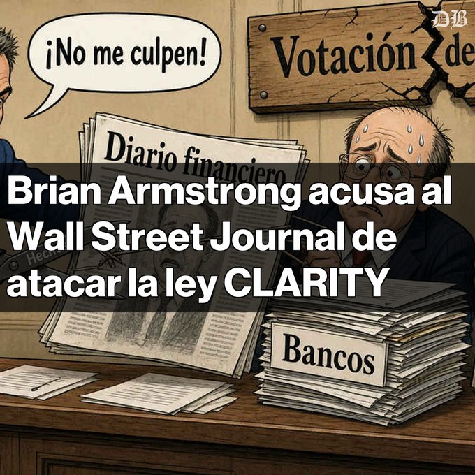 A satirical political cartoon featuring a sweating bald man reading a newspaper labeled 'Diario financiero' next to stacks of papers marked 'Bancos', with speech bubble text '¡No me culpen!' and a wooden sign reading 'Votación de'. Overlay text reads: 'Brian Armstrong acusa al Wall Street Journal de atacar la ley CLARITY'.