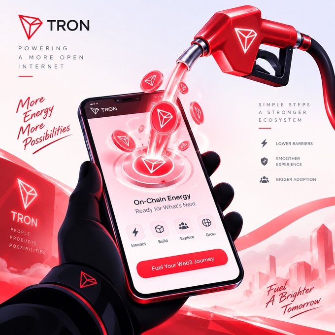 A promotional graphic for TRON, featuring a red fuel pump nozzle pouring TRON coins into a smartphone displaying 'On-Chain Energy Ready for What's Next', with text including 'POWERING A MORE OPEN INTERNET' and 'Fuel Your Web3 Journey'.