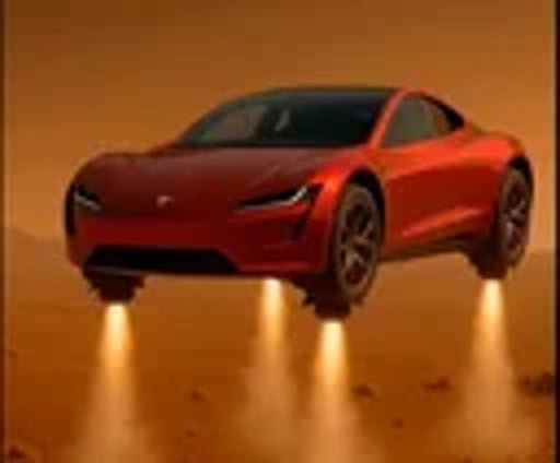A red sports car depicted hovering/flying above a dusty orange landscape, emitting flames from rocket-like thrusters beneath the chassis.