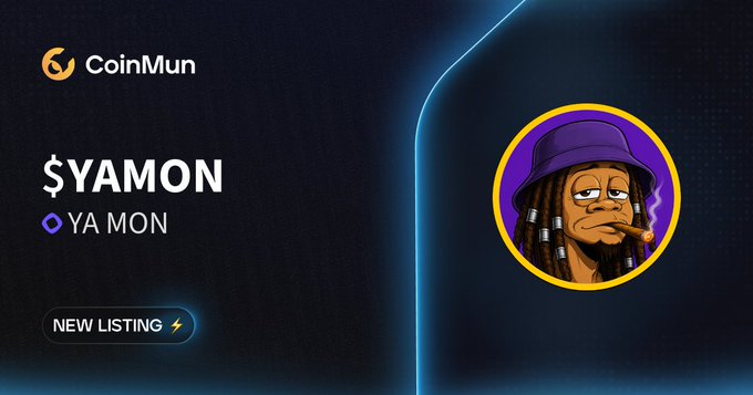 The image features a cartoon character wearing a purple hat, with the text "coinmun" displayed above them. Below this, there are two lines of text that read "New listing @yamon_nad $YAMON YA MON is now listed on CoinMun". The main focus of the image is the cartoon character and their hat, while the surrounding text provides information about a new listing for the character's cryptocurrency.