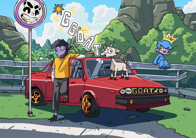 A vibrant cartoon-style illustration features a purple-skinned character leaning against a red car with the license plate "GOAT," accompanied by a goat standing on the hood and a blue-crowned figure perched on a fence, with the word "GOAT" floating above—all promoting the $GOATS token on Solana that supports artists, with the artwork credited to @0x_Vancy.