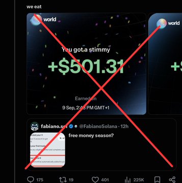 Screenshot of a tweet from 'fabiano.s.l' with a large red X crossing it out, showing a notification 'You got a stimmy +$501.31 Earned on 9 Sep, 2:43 PM GMT+1' with text 'free money season?'.