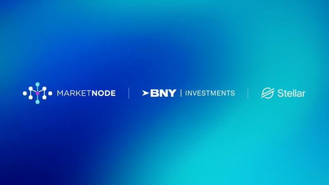 A blue and green gradient banner displays three logos in white: MarketNode, BNY | Investments, and Stellar, signifying a partnership between the three firms. The image visually reinforces the announcement of BNY Investments funds being brought on-chain through the Stellar network, with MarketNode facilitating the institutional finance initiative.