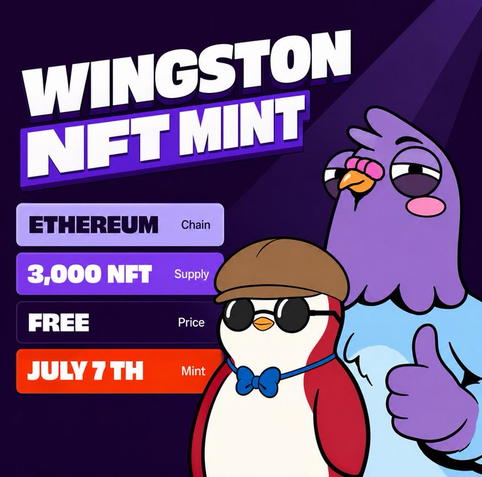 A promotional graphic for a 'WINGSTON NFT MINT' advertises an Ethereum-based collection of 3,000 NFTs for free on July 7th, featuring two cartoon birds, one wearing a cap and sunglasses.
