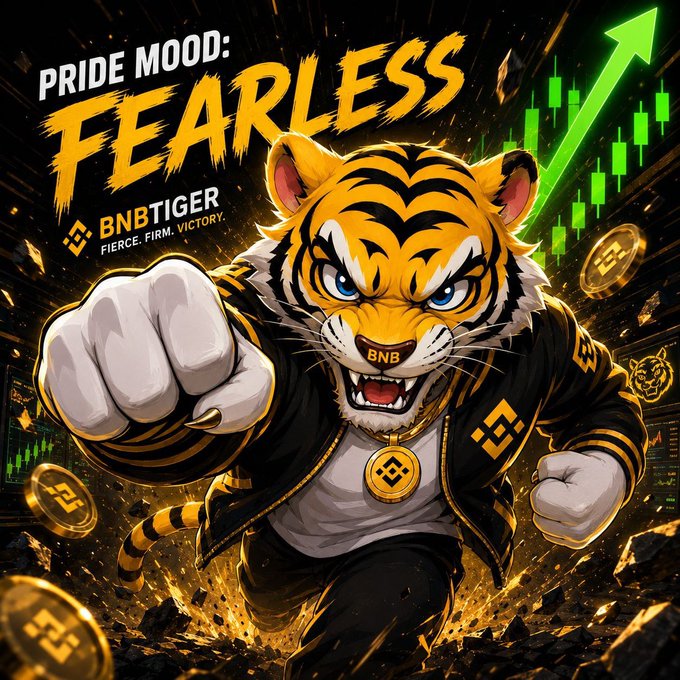 A digital artwork featuring an anthropomorphic tiger character with the text 'PRIDE MOOD: FEARLESS' and 'BNBTIGER - FIERCE. FIRM. VICTORY.', set against a background with a green upward chart arrow and BNB-themed coins.