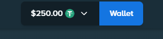 The image shows a screenshot of a social media platform's payment page, with a blue background and white text. The main focus is on a button labeled "WALLET" that has a green checkmark symbol above it. Below this button, there is a dollar sign followed by the text "250 @Stake Tip Giveaway!". This message encourages users to drop their stake username below the button for a chance to win a $250 tip. The image also includes a small caption at the bottom of the screen that reads: 
"Focus on what is in the image and how it relates to the post".