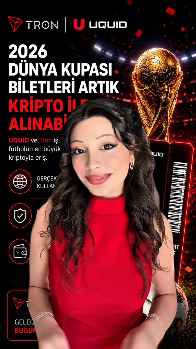 The image features a woman wearing a red dress, standing next to a trophy with the text "2026 Dünya Kupası bileti artık kriptoyla alınabiliyor!". The woman is smiling at the camera and appears to be posing for a photo. The post also includes information about the trophy and its significance, as well as a link to the original image on Tron U Liquid.