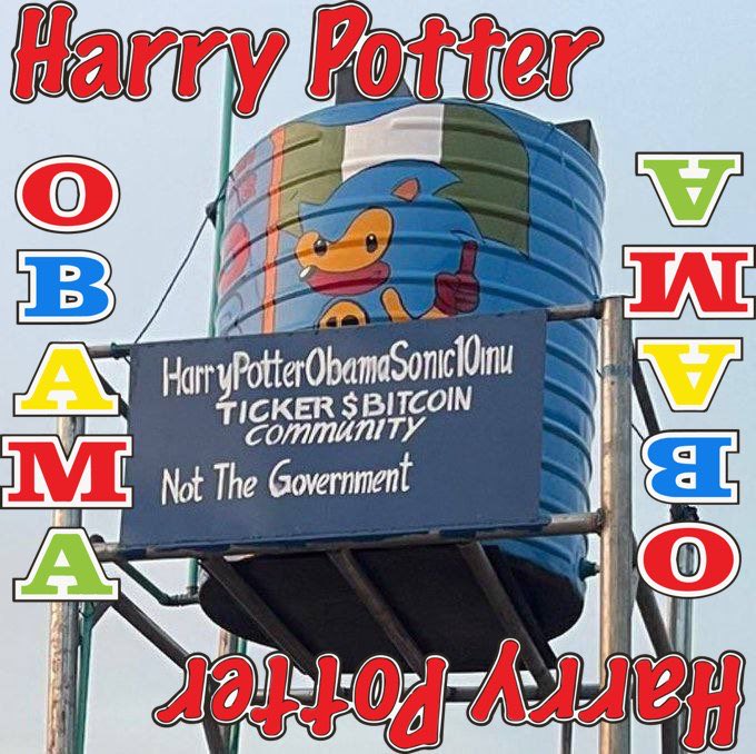 A meme image showing a blue water tower with a Pokemon character, surrounded by the text 'Harry Potter Obama Sonic 10inU' and 'TICKER $BITCOIN community Not The Government'.