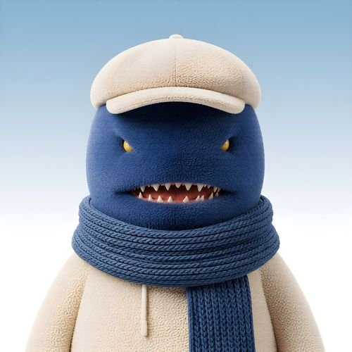 A 3D rendered character resembling a blue shark or monster wearing a cream-colored hoodie, a chunky blue knit scarf, and a matching cap.