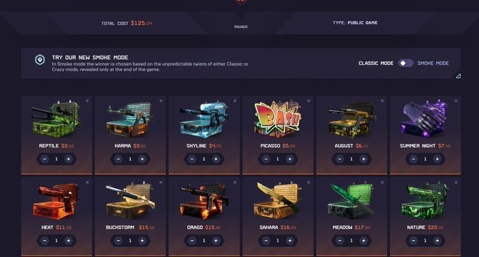 A game store interface displaying a 'New Smoke Mode' feature with various weapon skins including Reptile ($2.85), Karma ($3.80), Skyline ($4.74), Picasso ($5.00), August ($6.19), Summer Night ($7.00), Heat ($11.00), Budstorm ($15.00), Drago ($15.00), Sahara ($16.00), Meadow ($17.88), and Nature ($20.00).