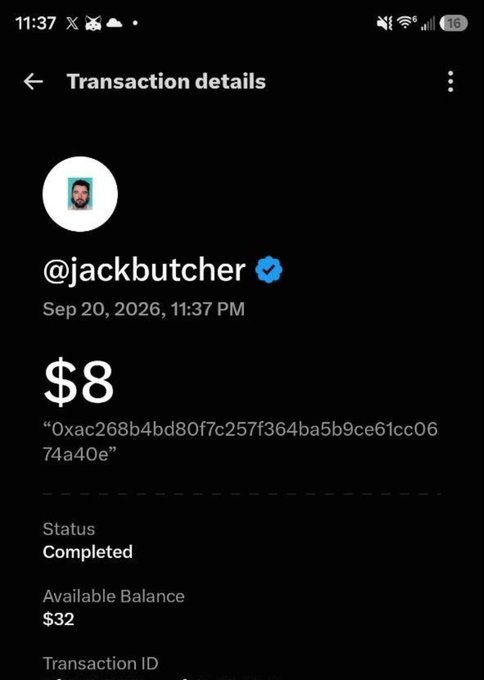 A mobile screenshot of a completed transaction details page showing a $8 transaction from @jackbutcher to the user, dated Sep 20, 2026, with available balance of $32.