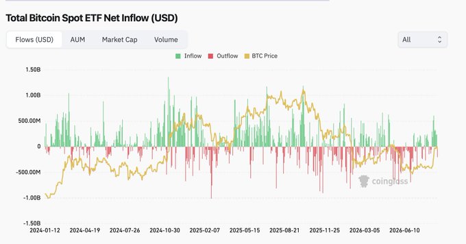 A financial chart titled 'Total Bitcoin Spot ETF Net Inflow (USD)' from coinglass.com, displaying green inflow bars, red outflow bars, and a yellow BTC price line from 2024 to 2026.