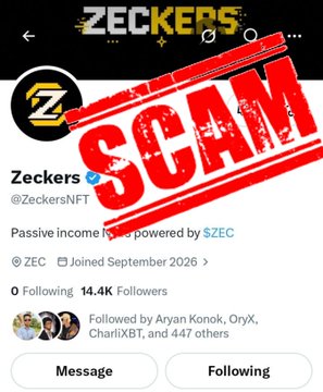 A screenshot of the 'Zeckers' Twitter/X profile (@ZeckersNFT) claiming passive income powered by $ZEC, overlaid with a large red 'SCAM' stamp.