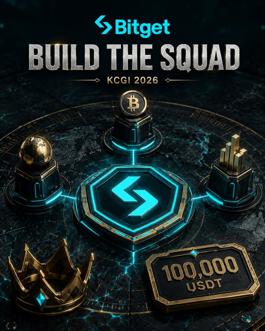 The image is a promotional graphic for Bitget's KCGI 2026 "Build the Squad" event, featuring a glowing hexagonal platform with a Bitcoin trophy, gold crown, globe, and bar-chart pedestal, alongside a badge announcing a 100,000 USDT prize. It visually reinforces the post's message that a winning squad requires a diverse lineup of specialized traders—crypto, macro/TradFi, and US stock experts—not interchangeable clones.