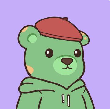 A simple cartoon illustration of a green bear character wearing a red beret and a green hoodie against a light purple background.