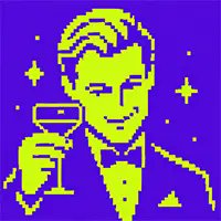 A pixel-art image shows a sharply dressed man in a tuxedo holding a cocktail glass against a blue background with sparkle accents. The image satirizes the "new CTO" announcement for $BBROKER by portraying the supposed tech leader as a cocktail-party stereotype rather than a legitimate executive.