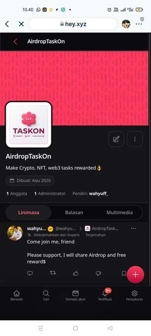 A mobile screenshot of a webpage from hey.xyz showing an 'AirdropTaskOn' community page with a TASKON logo, description 'Make Crypto, NFT, web3 tasks rewarded', and a post from wahyu... saying 'Come join me, friend' and 'Please support, I will share Airdrop and free reward$'.