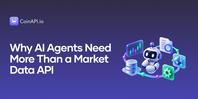 A promotional banner for CoinAPI.io with the headline 'Why AI Agents Need More Than a Market Data API' alongside an illustration of a robot connected to data icons.
