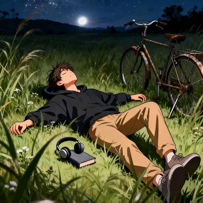 An anime-style illustration of a young man lying on grass at night under a full moon, with a bicycle, headphones, and a book beside him.