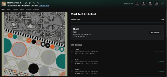 A screenshot of an NFT minting webpage for a collection called 'NotAnArtist' by sparespt, showing an abstract artwork with gears and circles, a mint price of '0.45 ETH', and a mint schedule with 'TEAM', 'GTD', and 'FCFS' phases.