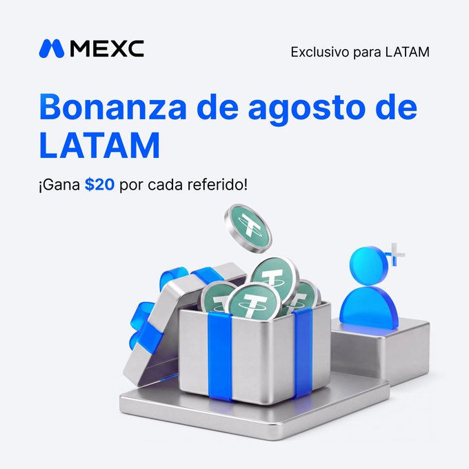 A promotional graphic from MEXC titled "Bonanza de agosto de LATAM" in Spanish, advertising a referral program where users earn $20 per referral, featuring 3D illustrations of a gift box with coins and a person icon.