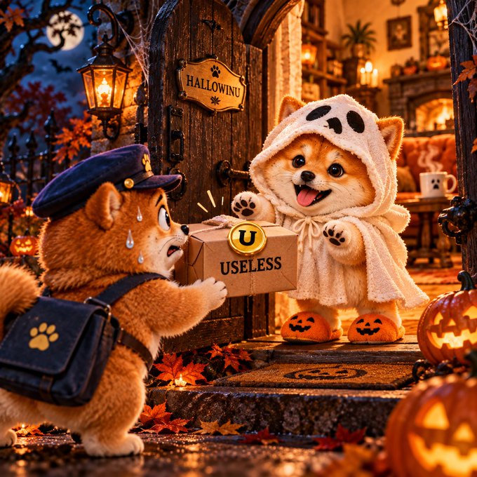 Two animated dogs dressed in Halloween costumes — a postal worker and a ghost — stand by a door labeled 'HALLOWINU', with one holding a package marked 'U USELESS'.