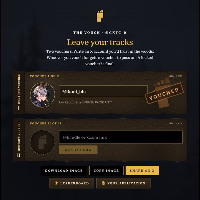 A dark-themed webpage interface titled 'THE VOUCH · @GXFC_0' with the heading 'Leave your tracks' and two voucher slots, the first vouching for '@Dami_btc' and marked 'VOUCHED'.
