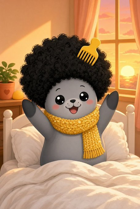 An animated illustration of a cute gray animal character with a large afro, a yellow comb, and a yellow knit scarf, sitting in bed.