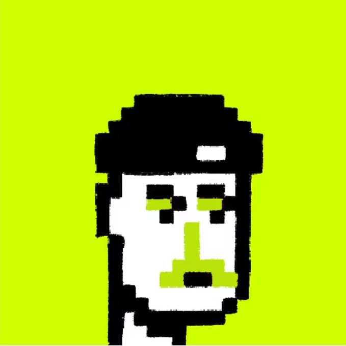 A pixel art portrait of a face with a beanie, green nose, and green cheeks set against a bright lime-green background.