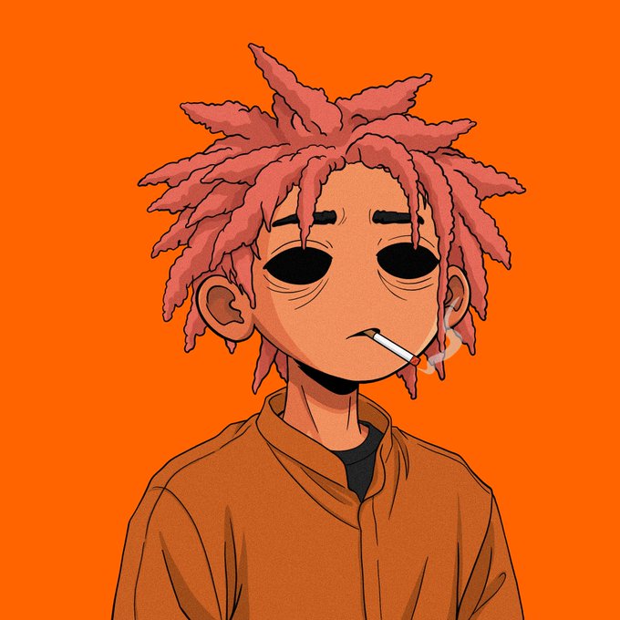 A digital illustration of a character with pinkish-red dreadlocks, dark hollow eyes, and a cigarette in their mouth, wearing an orange jacket against a solid orange background.
