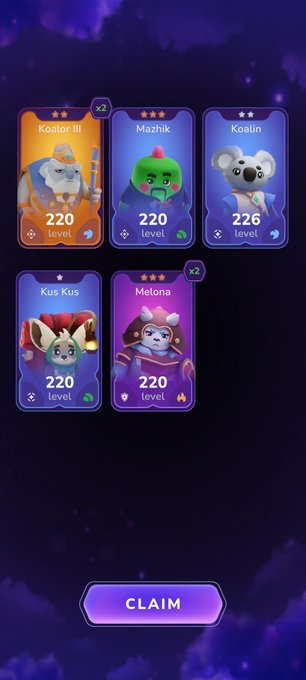 A mobile game interface showing character cards (Koalor III, Mazhik, Koalin, Kus Kus, Melona) all at level 220, with a purple 'CLAIM' button at the bottom.