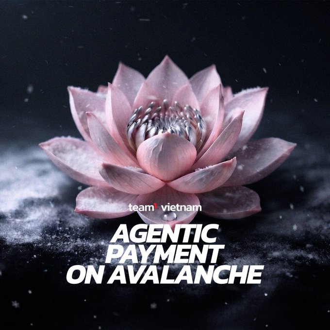 Advertisement for Team Vietnam's "Agentic Payment on Avalanche" featuring a pink lotus flower against a dark background.