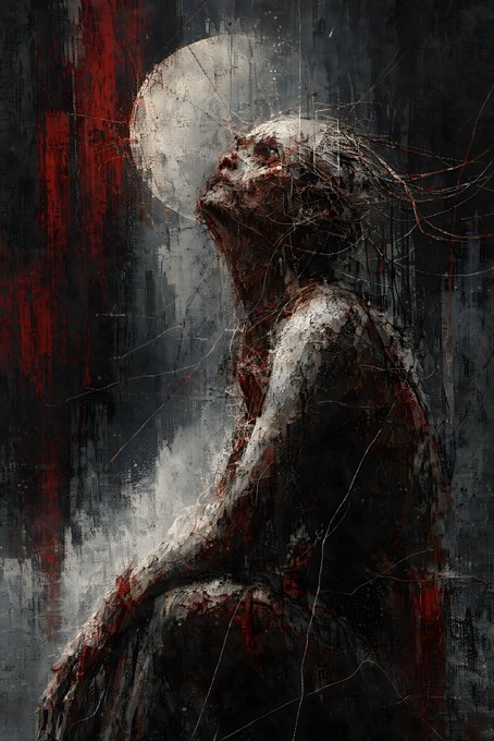 A dark, textured digital painting depicting a figure with their head tilted back in distress, with red and white paint strokes and scratch-like lines covering the composition.