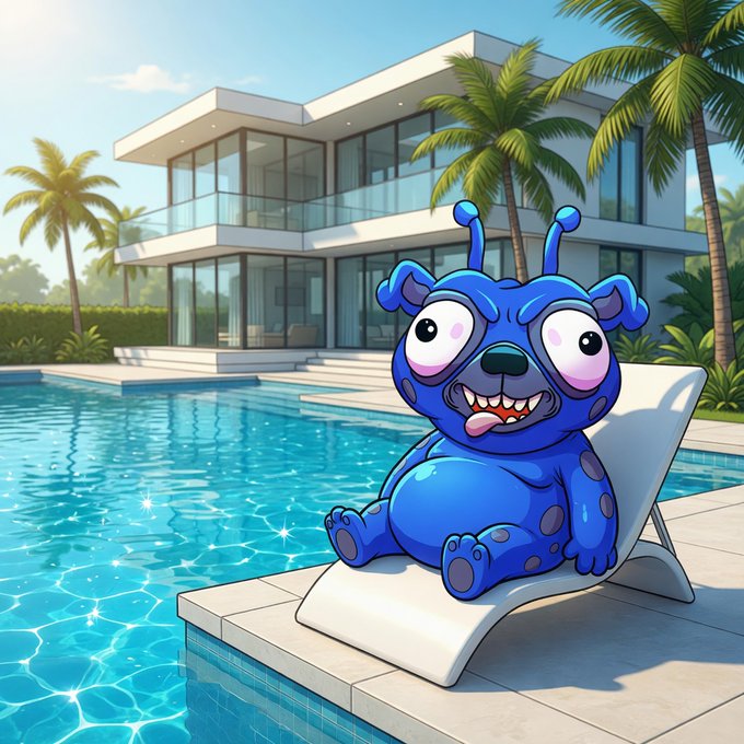 A blue cartoon hippo-like creature lounging on a pool chair beside a swimming pool at a modern villa with palm trees.