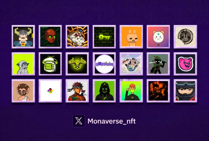 A purple-themed graphic for 'Monaverse_nft' displaying a grid of 21 various square NFT profile pictures or icons.
