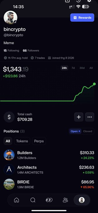 A mobile trading app screen for user "bincrypto" (@bincrypto) shows a portfolio value of $1,343.19 with an upward green chart, listing positions for Builders ($310.33), Architects ($236.63), and BIRDIE ($86.95).