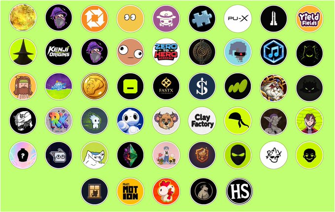 A green background displays a grid of circular NFT project icons, including recognizable logos such as "PU-X," "Yield Fields," "Kenji Origins," "Zero Hero," "FastX," and "Clay Factory," among others. The image serves as a visual directory complementing the post's curated list of must-have upcoming NFTs on RobinhoodApp, showcasing the variety of projects referenced like THEBUFOS, unvault, and ParallelUniX.