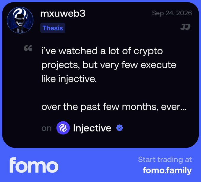 A testimonial graphic featuring 'mxuweb3' praising Injective's execution, dated Sep 24, 2026, branded by fomo with 'Start trading at fomo.family'.