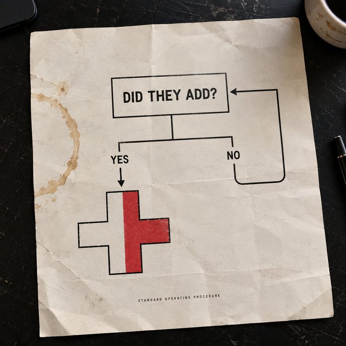 A crumpled flowchart on stained paper asks 'DID THEY ADD?' with 'YES' leading to a red cross symbol and 'NO' looping back, labeled 'STANDARD OPERATING PROCEDURE'.