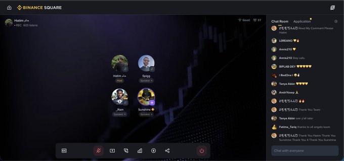 A Binance Square live chat room hosted by Hadid (@Hadid_J), thanking guests 4guy and Ramadone for their AMA session contributions, with the chat displaying supportive messages and emojis from viewers.