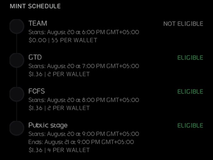 A 'MINT SCHEDULE' chart listing TEAM (NOT ELIGIBLE), GTD, FCFS, and Public stage with dates in August, timezone GMT+05:00, and pricing details.