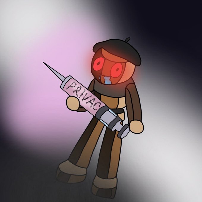 The image features a cartoon character dressed as a madman, holding a syringe with the word "PRIVACY" written on it. The character appears to be walking through an urban setting, possibly a city street or a building. The character is wearing a hat and has a cane in one hand while holding the syringe in the other. The post seems to be discussing the character's actions of giving someone privacy by injecting them with a privacy shot using the syringe.