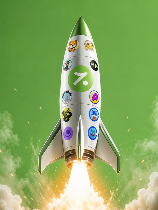 A rocket covered in memecoin logos such as "MM," "APES," and others launches skyward, symbolizing the social media post's prompt about which memecoin ($BABYDOGE, $TURBO, $APES, $MEME, $NPC, $AGENTFUN, $REKT, $TOSHI, $DEGEN, $BRETT) will be the first to "reach orbit."