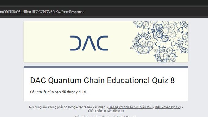 The image shows a webpage with a blue header and white background. The title of the webpage reads "DAC Educational Quiz 8: Complete." A question about the DAC Quantum Chain Education Series is displayed, asking if the viewer has completed all eight modules for this series.