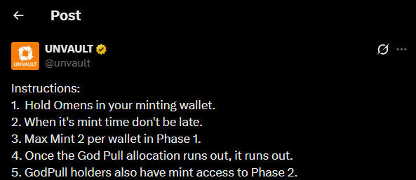 Twitter post from UNVAULT (@unvault) listing instructions for an airdrop, including minting limits per wallet and Phase 2 access details.