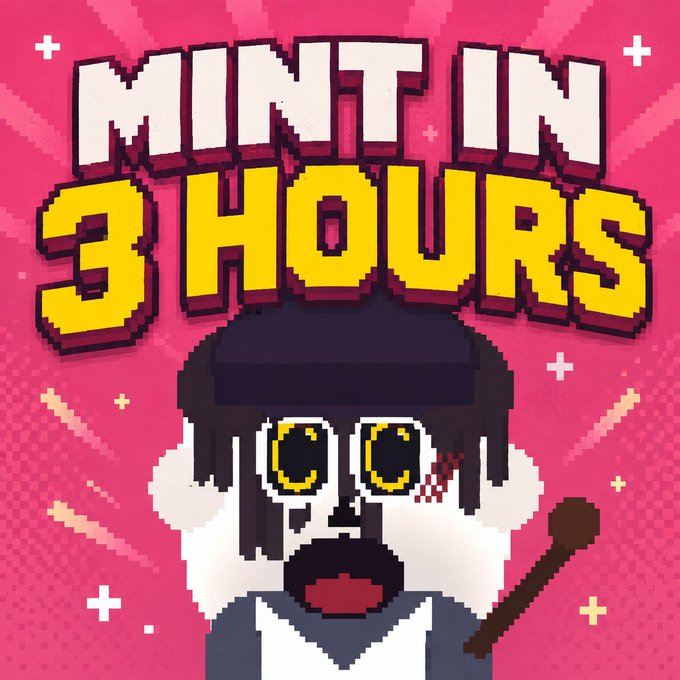 A pixel art character with wide yellow eyes, a beard, and a staff stands below bold text reading "MINT IN 3 HOURS" against a vibrant pink background, promoting an upcoming NFT mint mentioned in the OpenSea post.