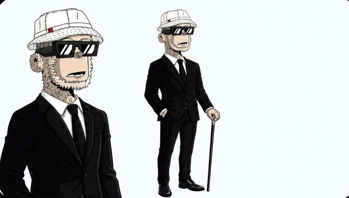 The image features a cartoon character wearing a suit, tie, and sunglasses standing next to another cartoon character who is also dressed in a suit with a cane. The two characters appear to be posing for a photo or drawing together. The background of the image is white, which contrasts with the black suits worn by both characters. The caption below the image reads "GM for the culture - woke up - did some pushups - drank water - fresh bath and back to Ct - starting the day with @quipnetwork - predicting on Polymarket later in the day - continue learning my new skills".